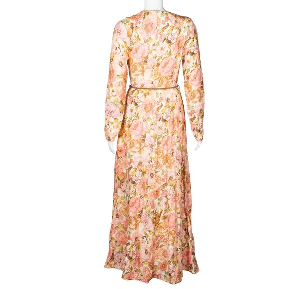 ZIMMERMANN Multicolor Pink Linen Belted Floral Print Long Sleeve Maxi Dress M - Picture 2 of 2